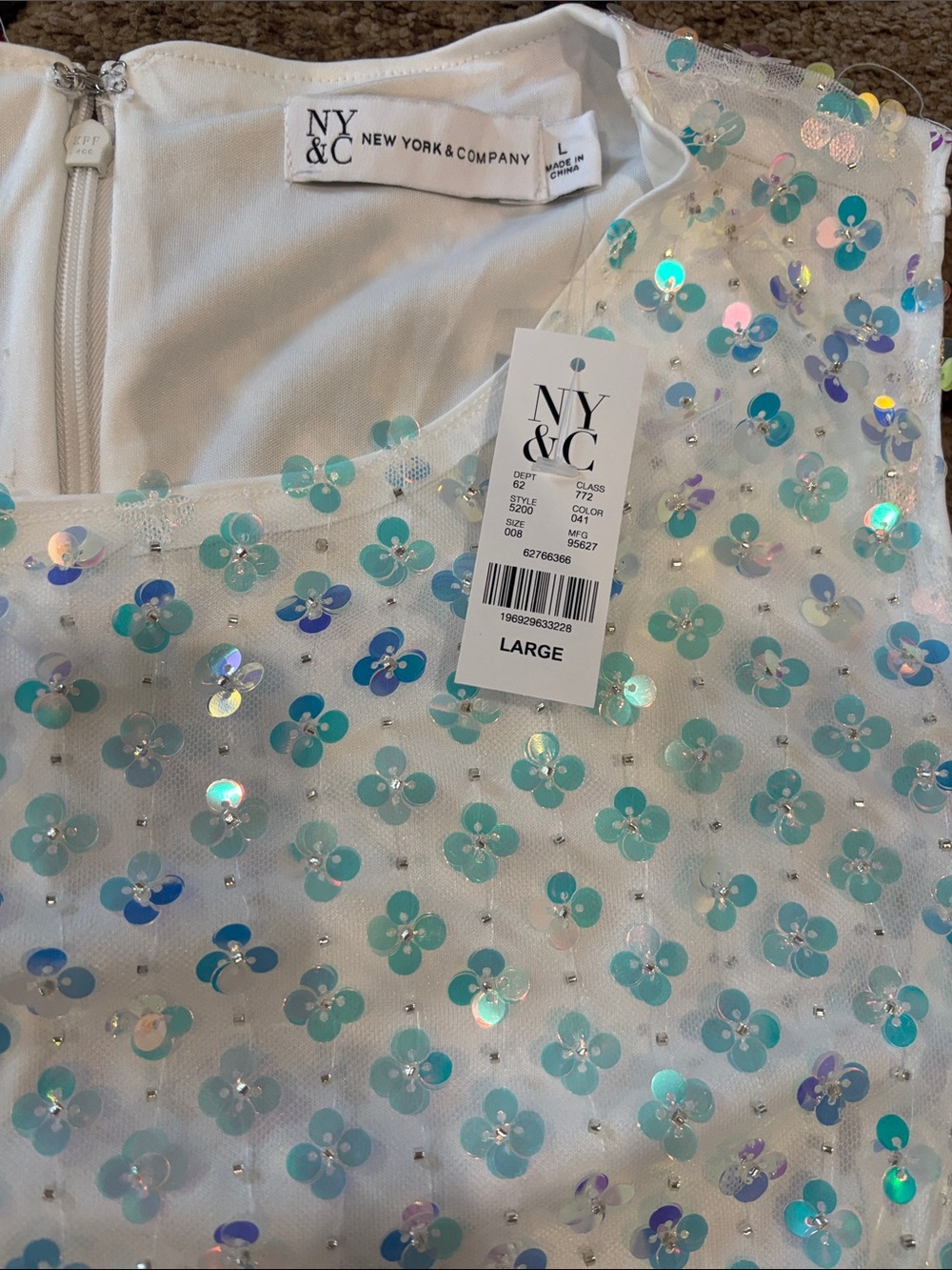 New York & Company White Top with Aqua Iridescent Floral Sequins - Picture 2 of 5